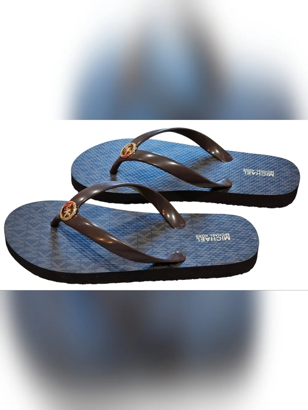 Michael Kors Women's Brown and Gold Logo Flip Flops, Size 7. New Without Tags